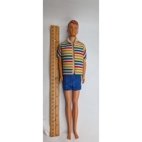 What if Ken had different hair colors and was marketed as  Vintage 1960 Mattel Ken Doll Flocked Hair Striped Beach Shirt Blue Shorts